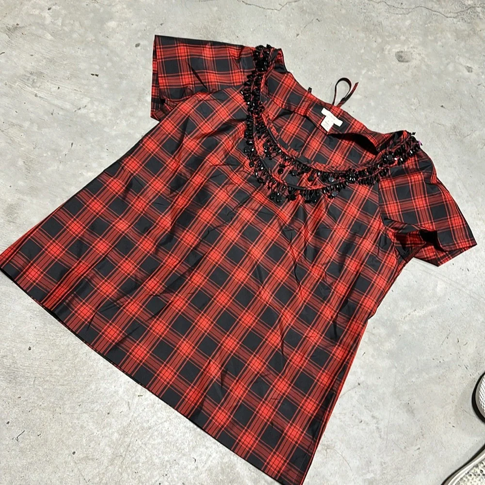 J. Crew Plaid Eliza Tee Short Sleeve Blouse 100%‎ Silk Size 8 / Ww-27